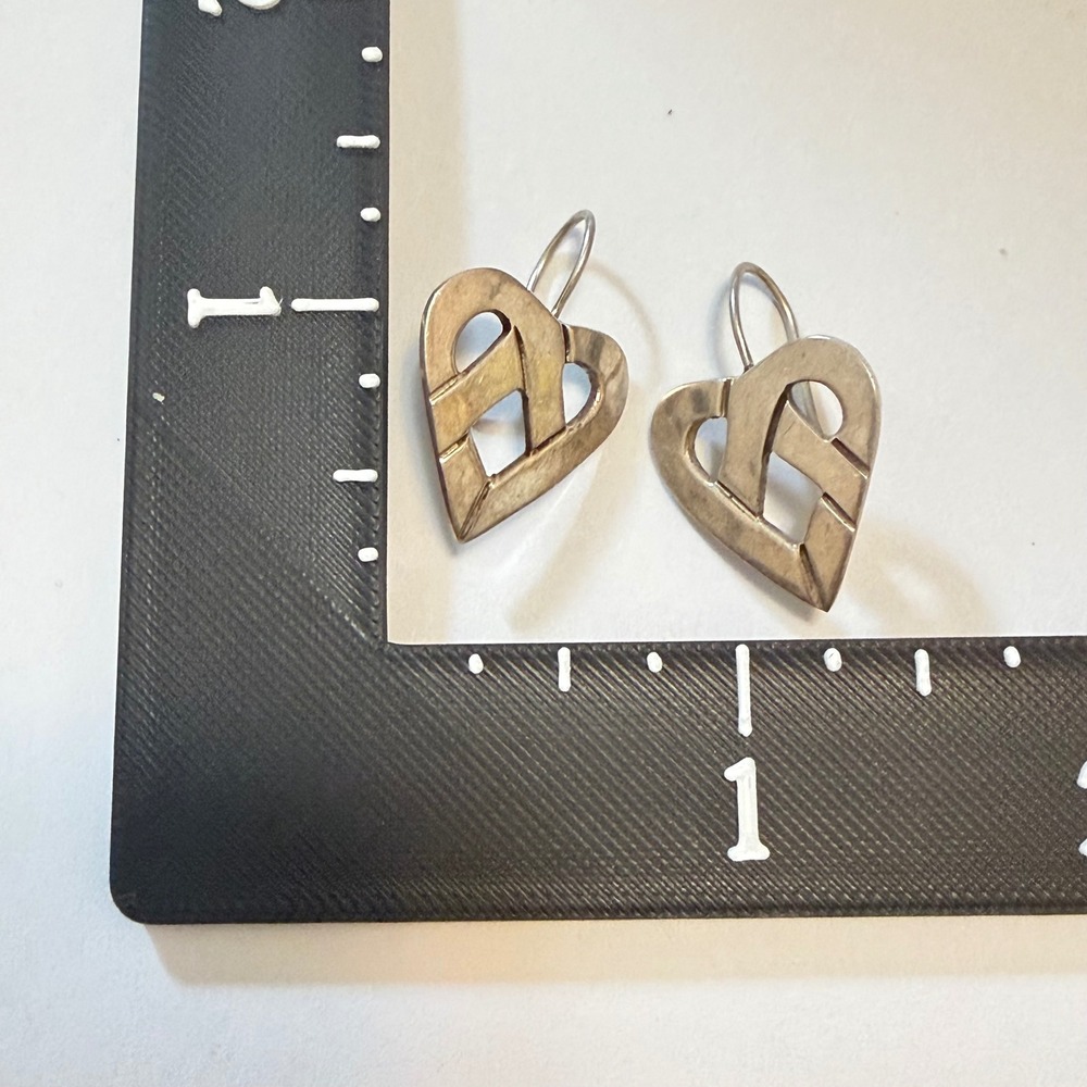 Vintage Sterling Silver Heart Earrings Geometric Drop 925 Shepherd Hook 5.3g - Picture 5 of 6